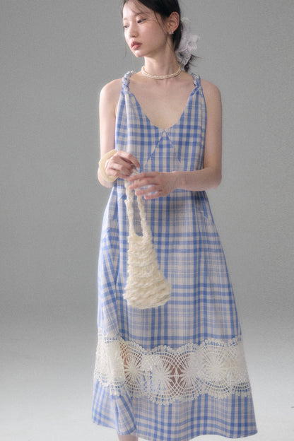 Blue White Plaid Lace Slip Dress