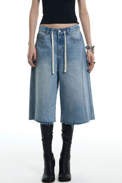 Embroidered Denim Mid-Length Pants