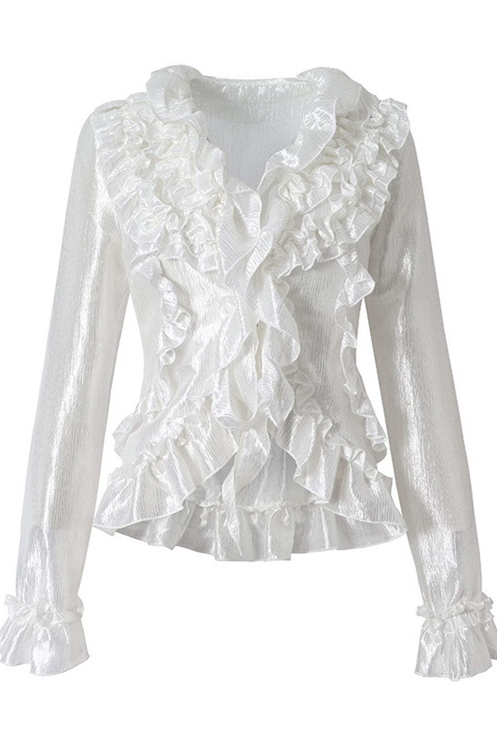 Ruffle Trim Tie Waist Long-Sleeved Blouse