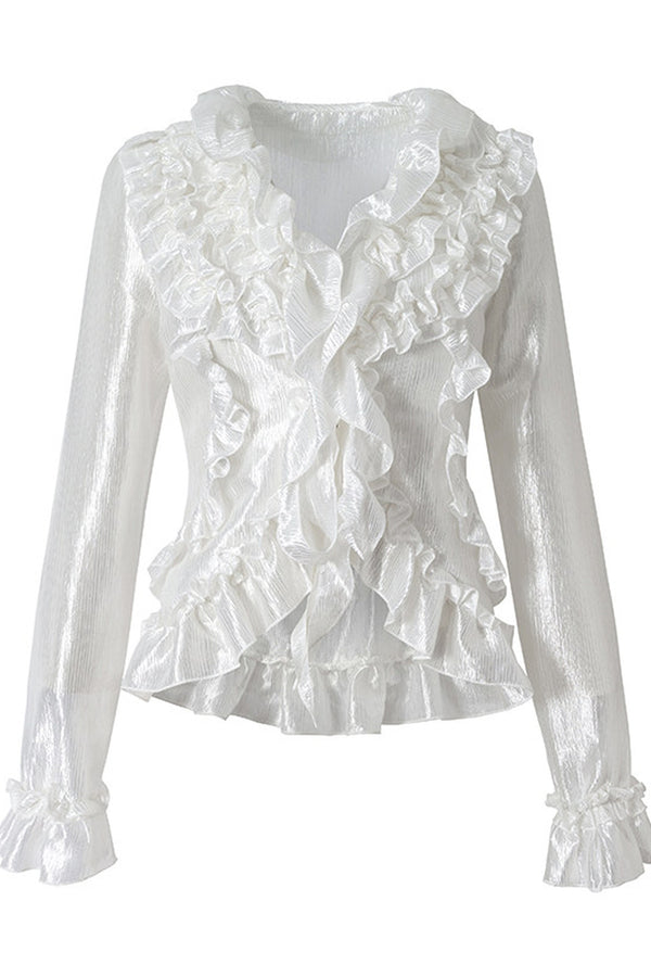 Ruffle Trim Tie Waist Long-Sleeved Blouse