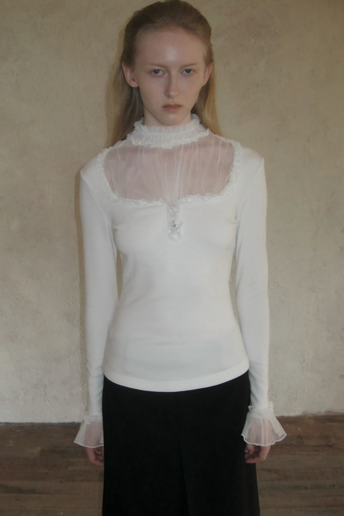 Mesh Ruffle Sleeve Knit Top
