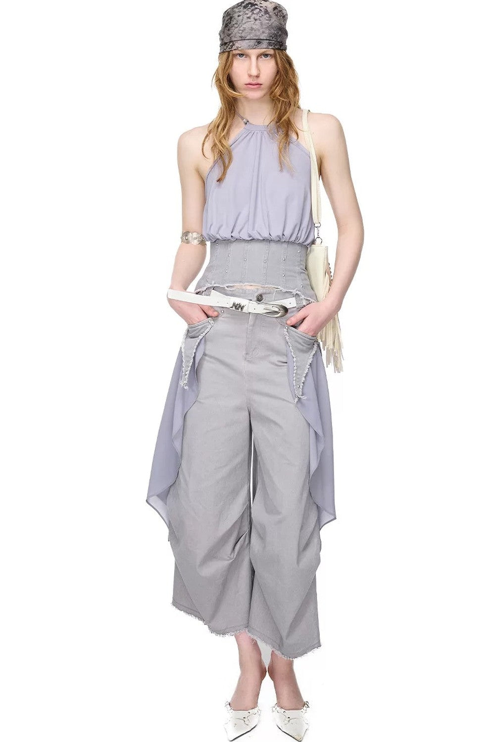 Washed Khaki Patchwork Halter Corset