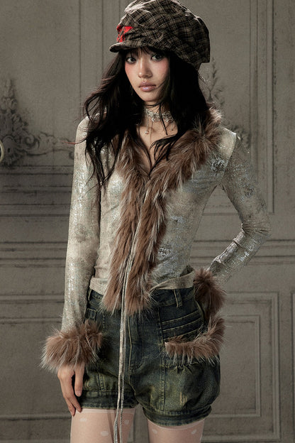 Fur Collar V-Neck Long-Sleeve T-Shirt