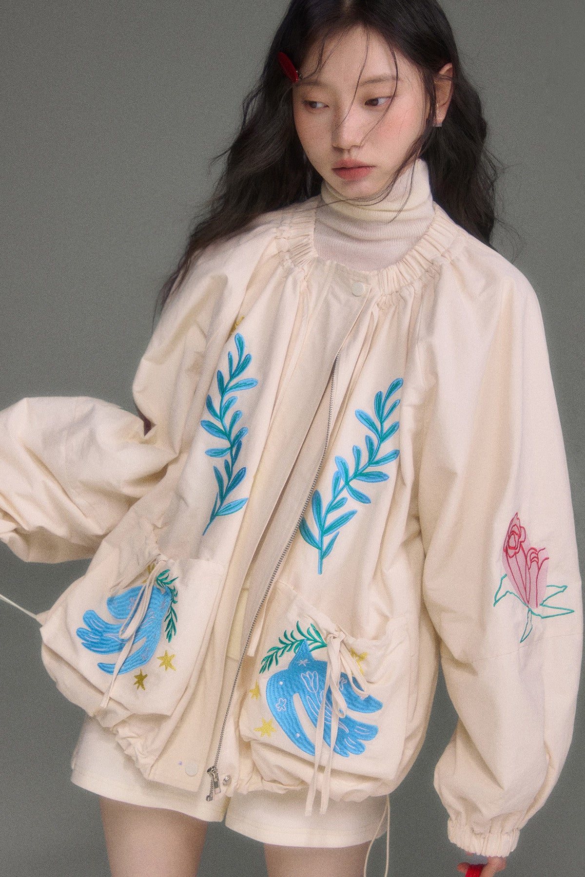 Loose Birds Olive Floral Embroidered Drawstring Jacket