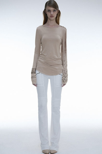 Light Punk Metal Rhinestone Distressed Long-Sleeve T-Shirt