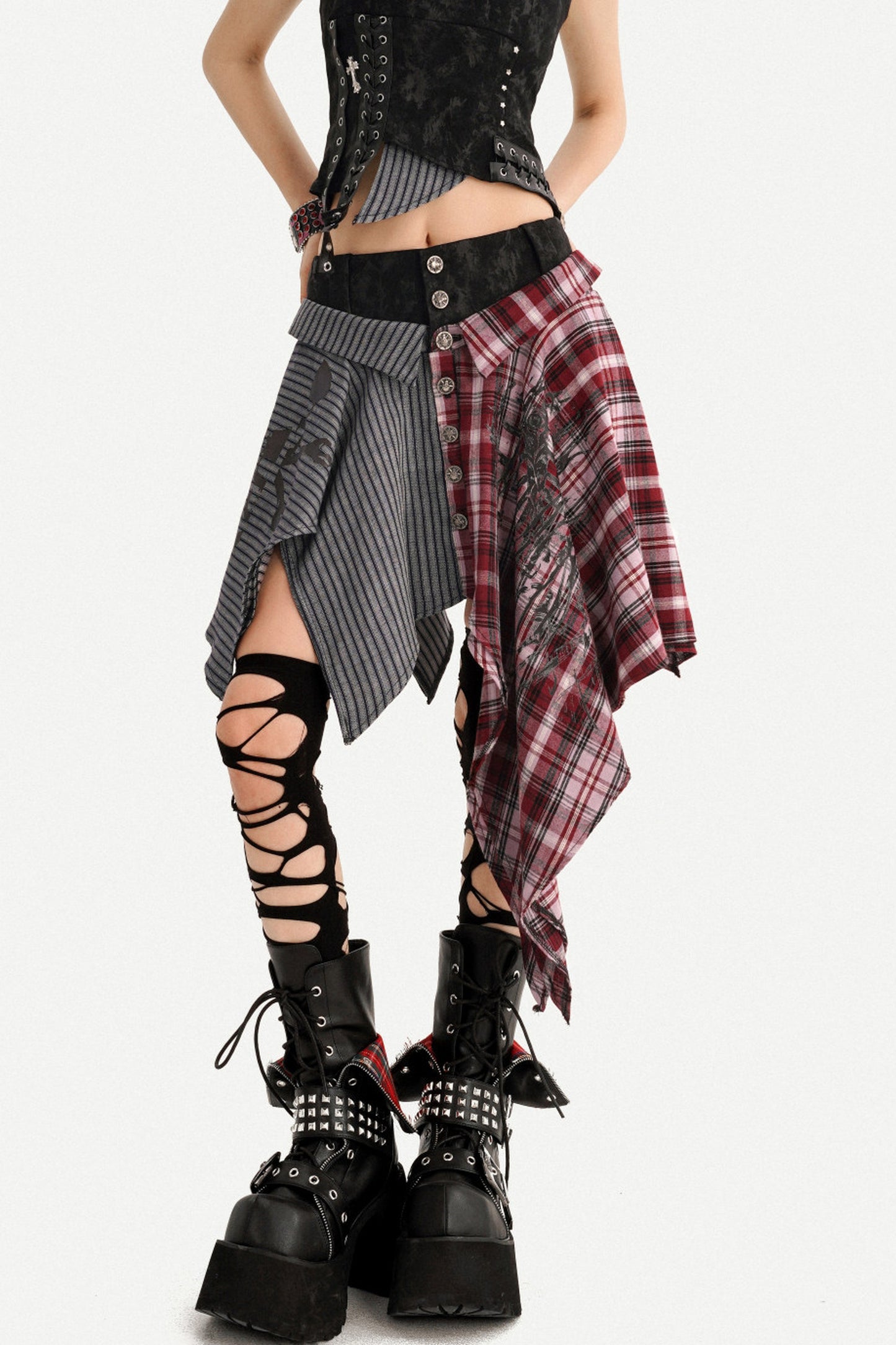 Irregular Plaid Patchwork Skirt