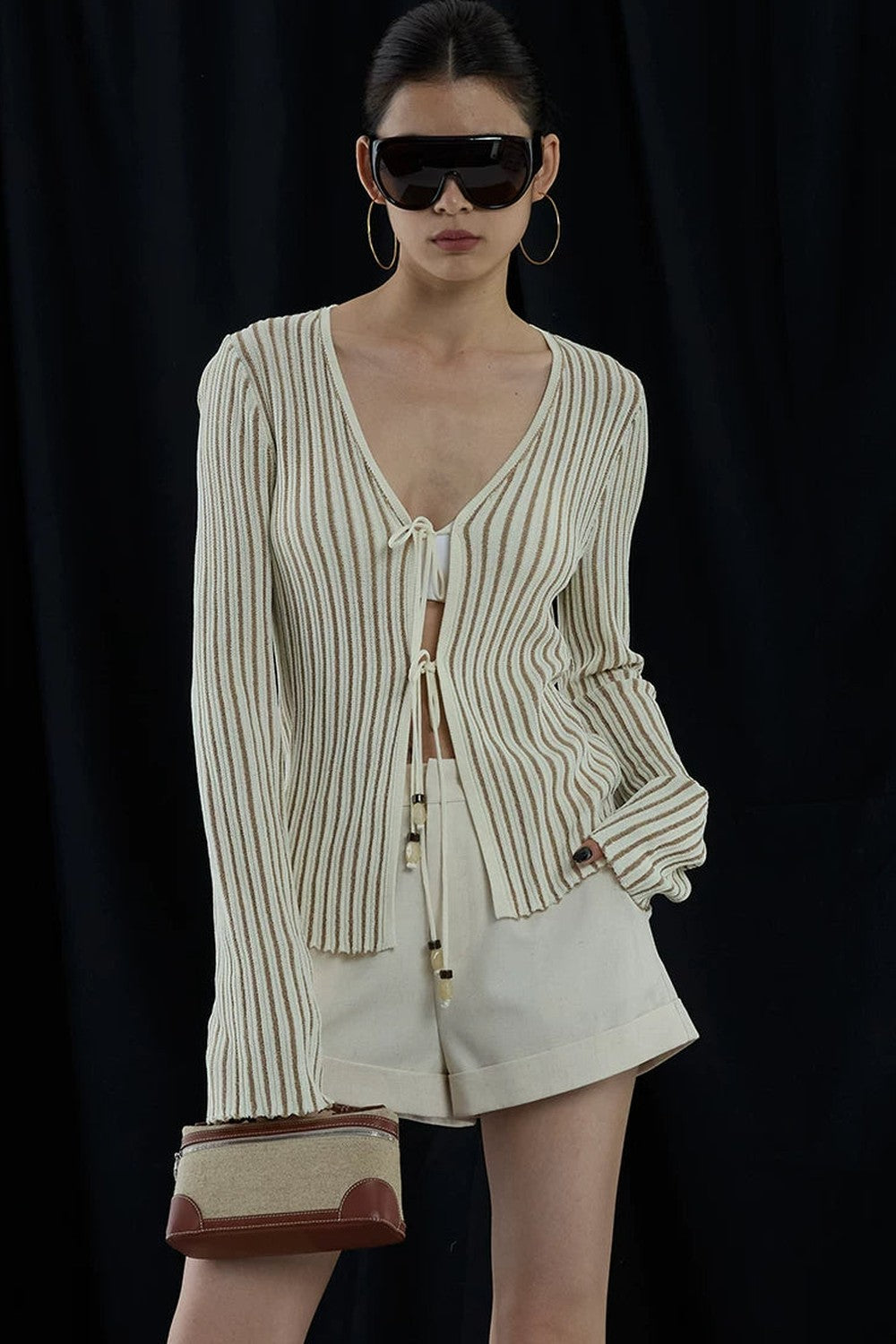 Apricot Striped V-Neck Tie Cardigan