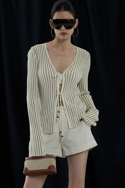 Apricot Striped V-Neck Tie Cardigan