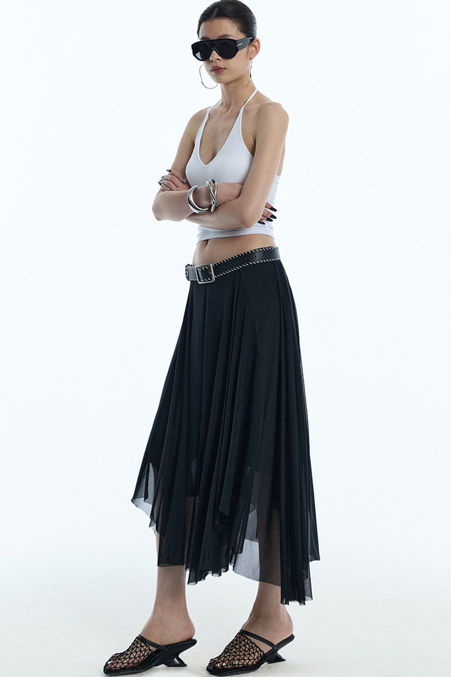 Asymmetrical Hem Mesh Skirt