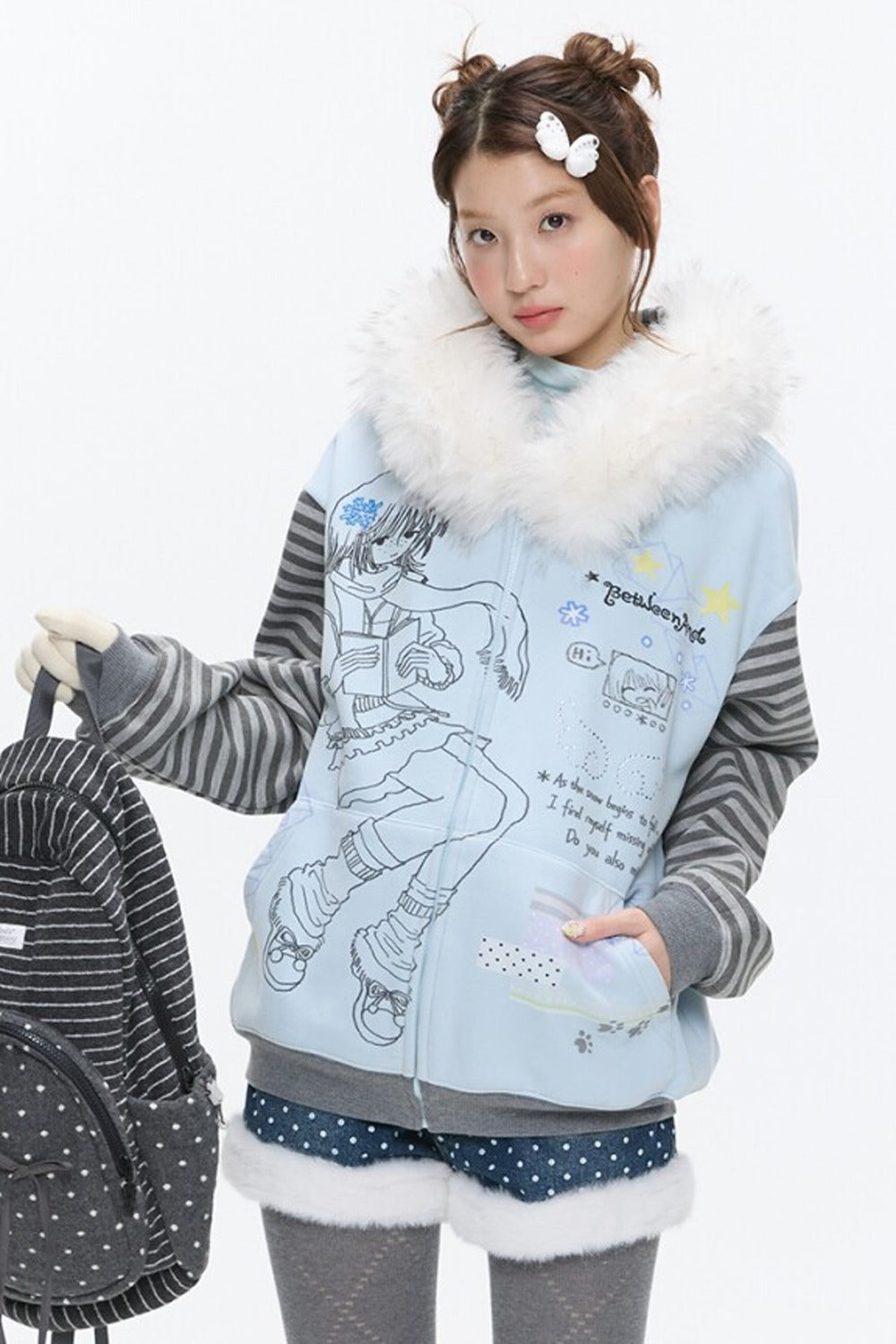 Striped Raglan Fur Collar Jacket