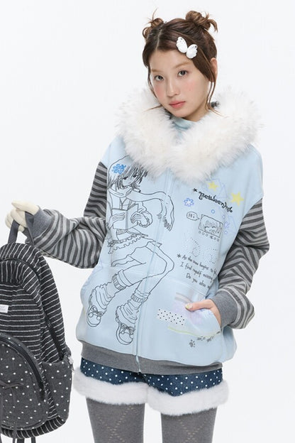 Striped Raglan Fur Collar Jacket