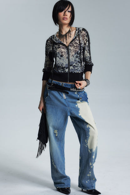Gold Leopard Rivet Mesh Mid-Sleeve Top