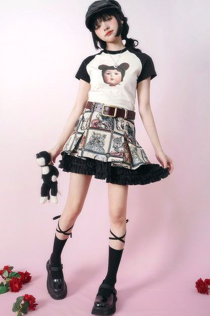 Bear Doll Print Patchwork T-shirt