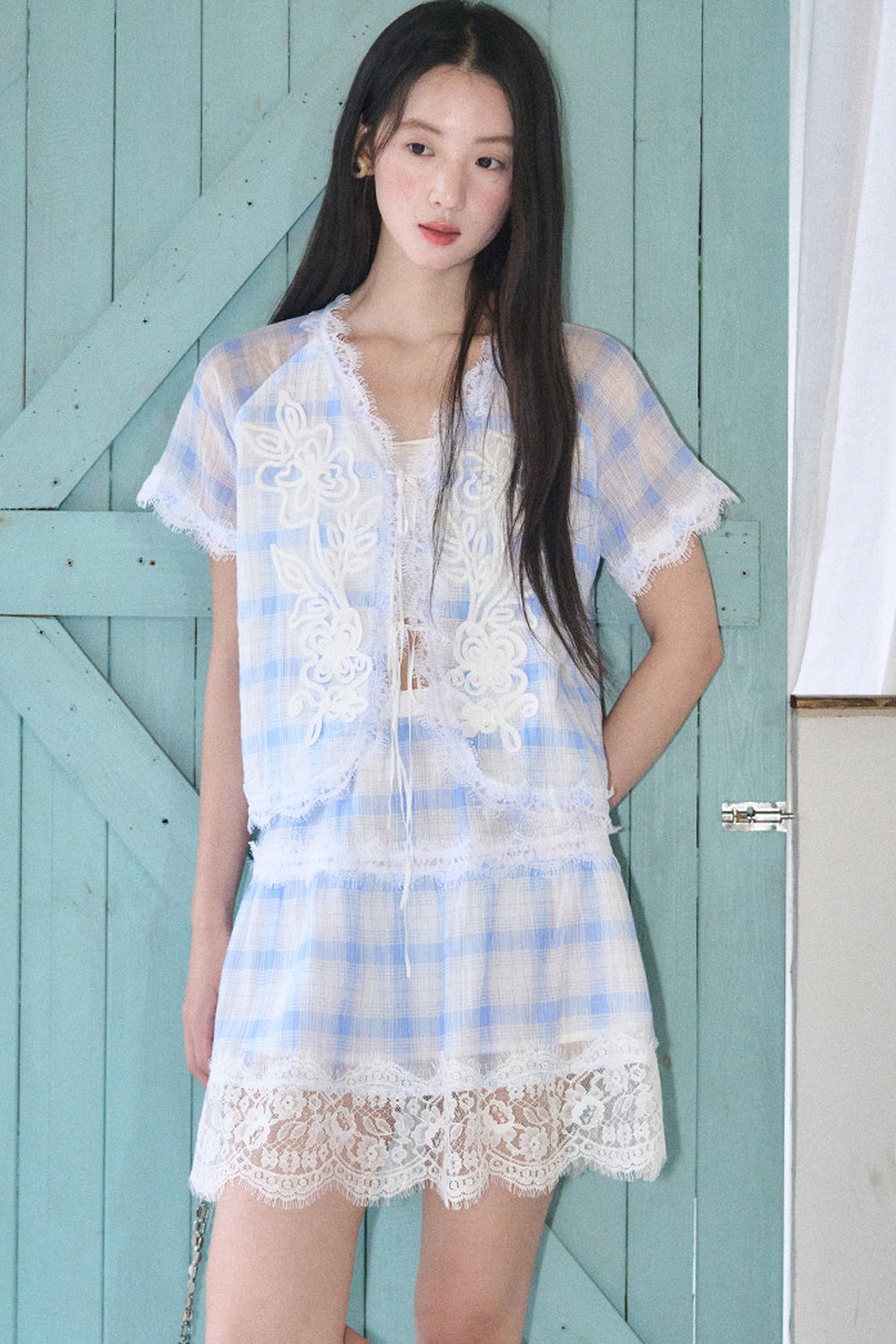 Blue White Checkered Lace Tencel Top Skirt Set-Up