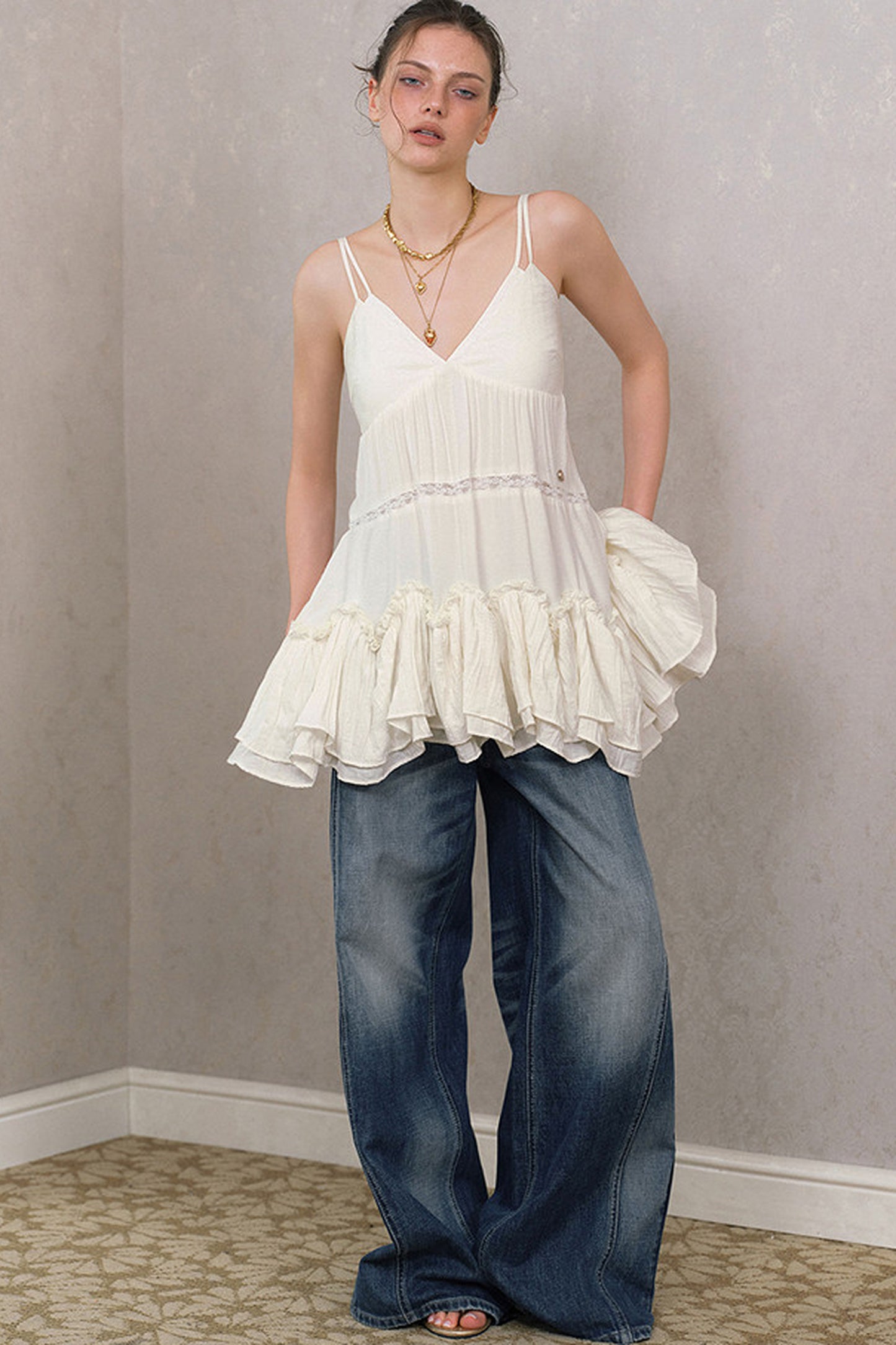 White Asymmetrical Ruffle Hem V-Neck Slip Dress