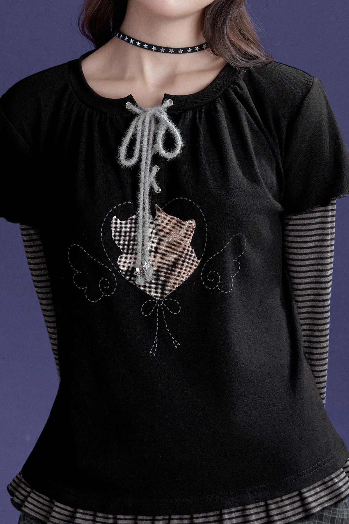Black Striped Tie-Up Cat T-shirt