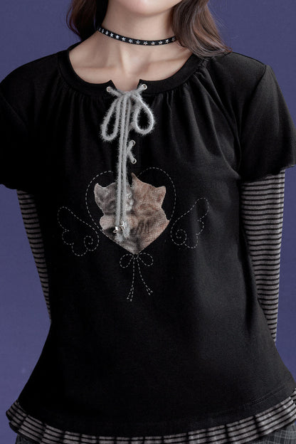 Black Striped Tie-Up Cat T-shirt