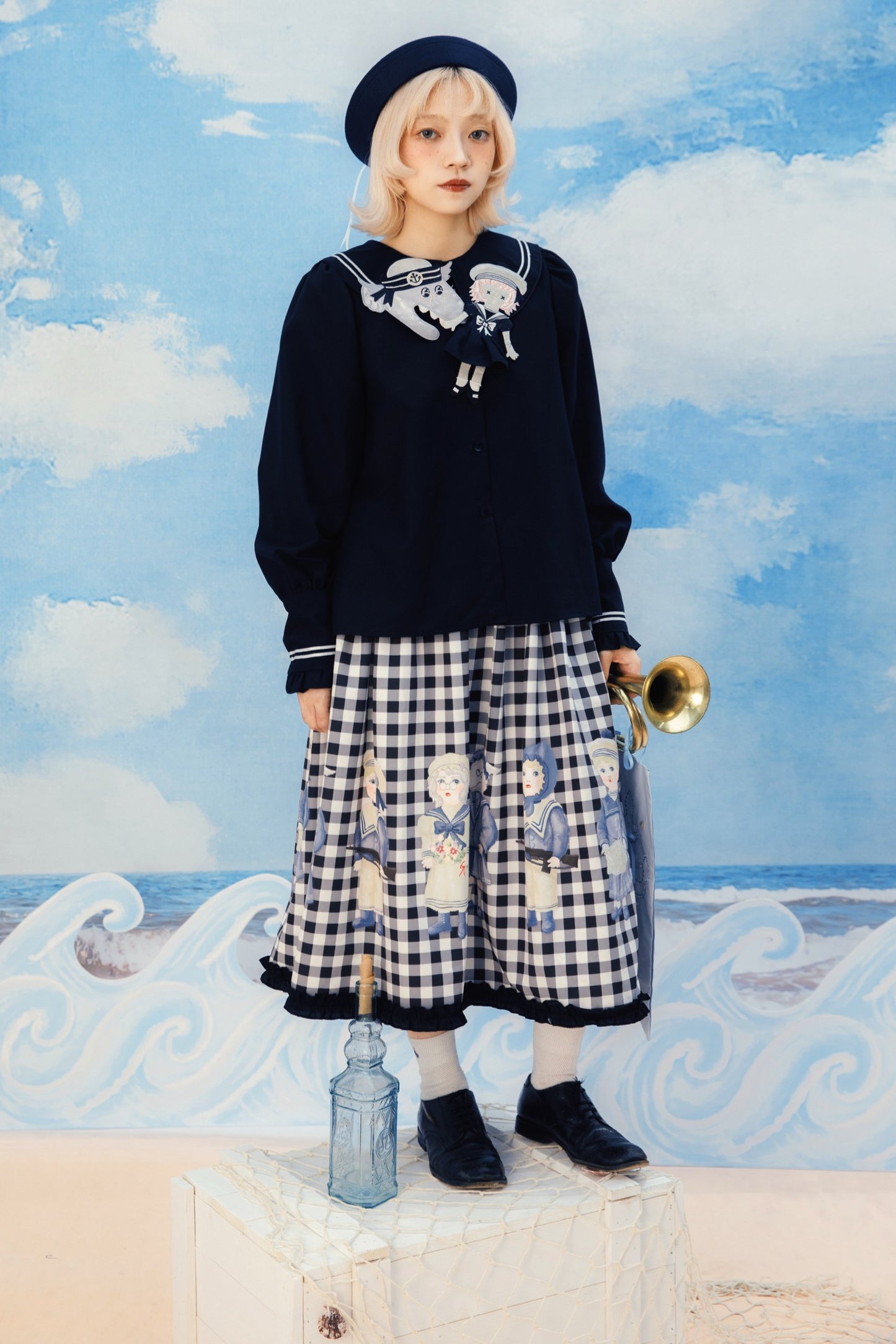 Black White Check Hand-Painted Lace Skirt