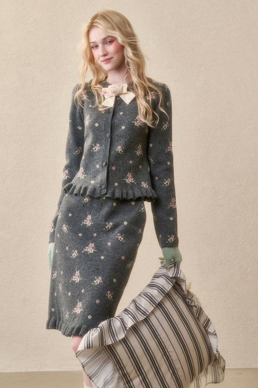 Wool Floral Jacquard Cardigan and Skirt Set-Up
