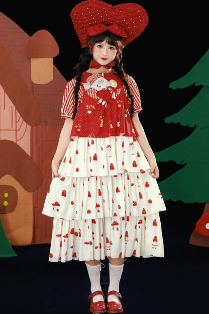 Red Mushroom Print Layered-Look Suspender Dress