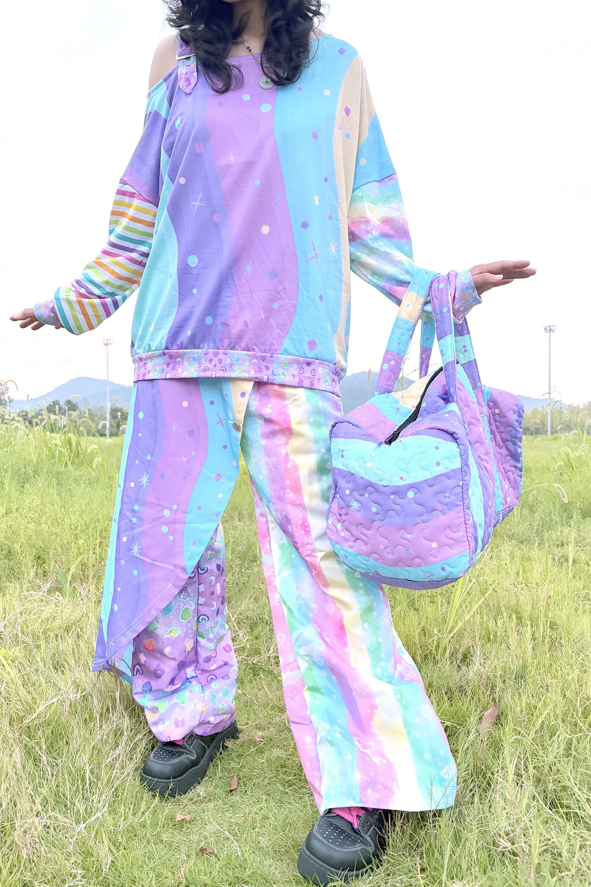 Neon Wave Y2K Off-Shoulder Sweatshirt