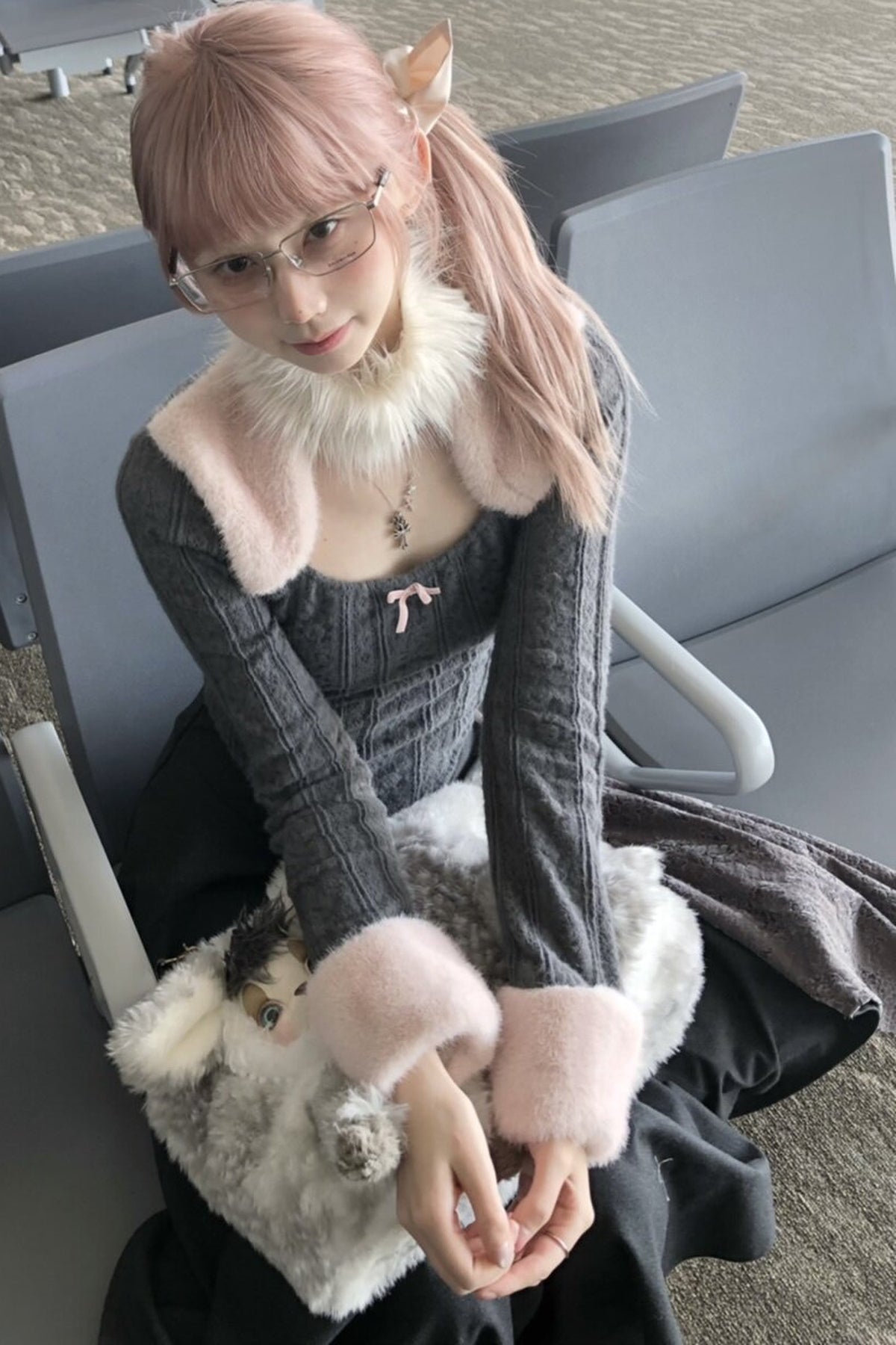 Fur Patchwork Curved Knit Top