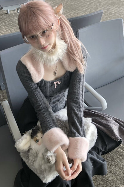 Fur Patchwork Curved Knit Top