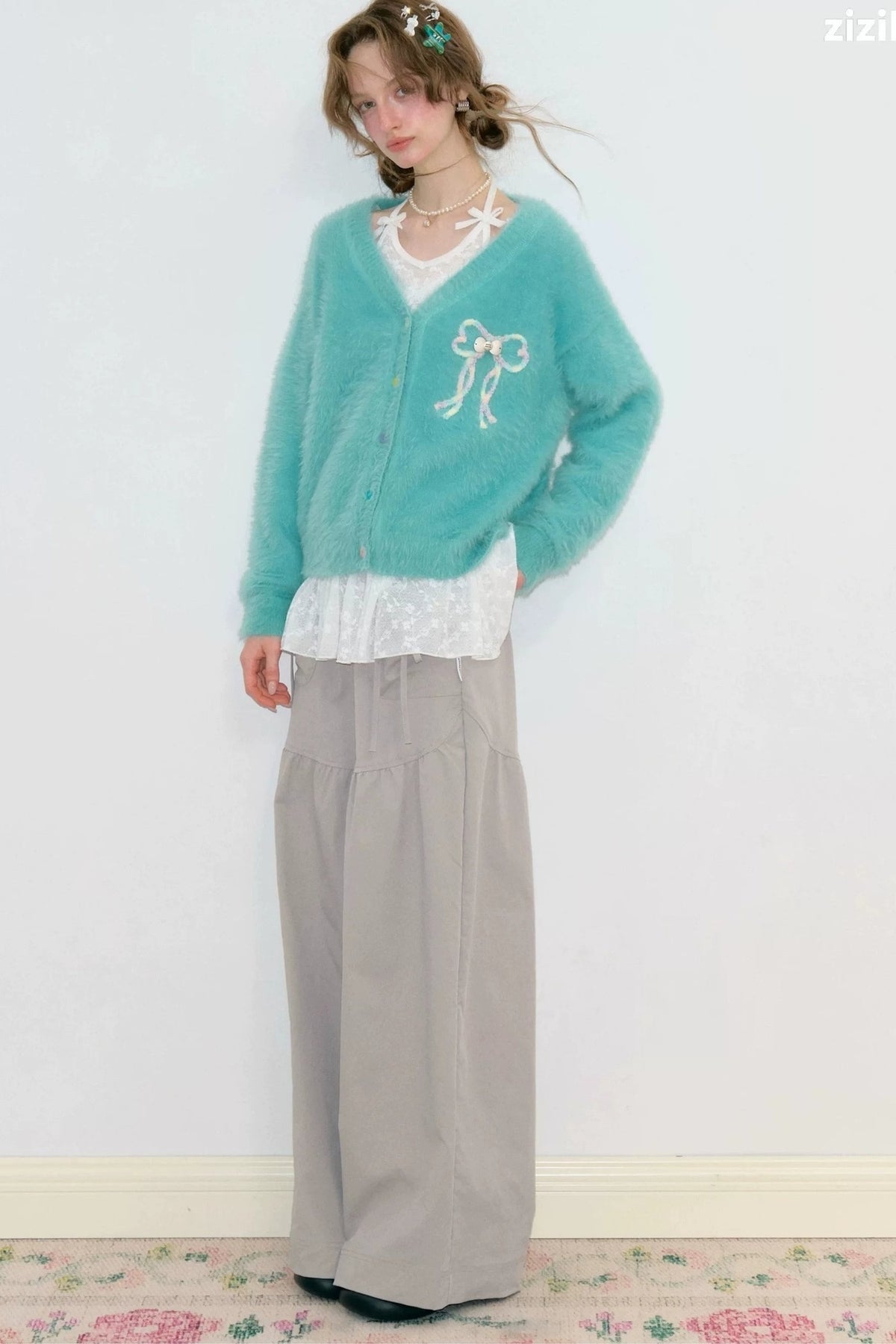 Fuzzy Bowknot Knit Cardigan