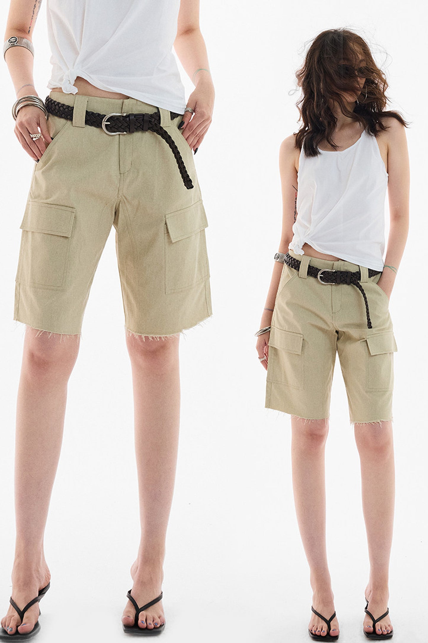 Khaki Workwear Straight-Leg Frayed Hem Pants