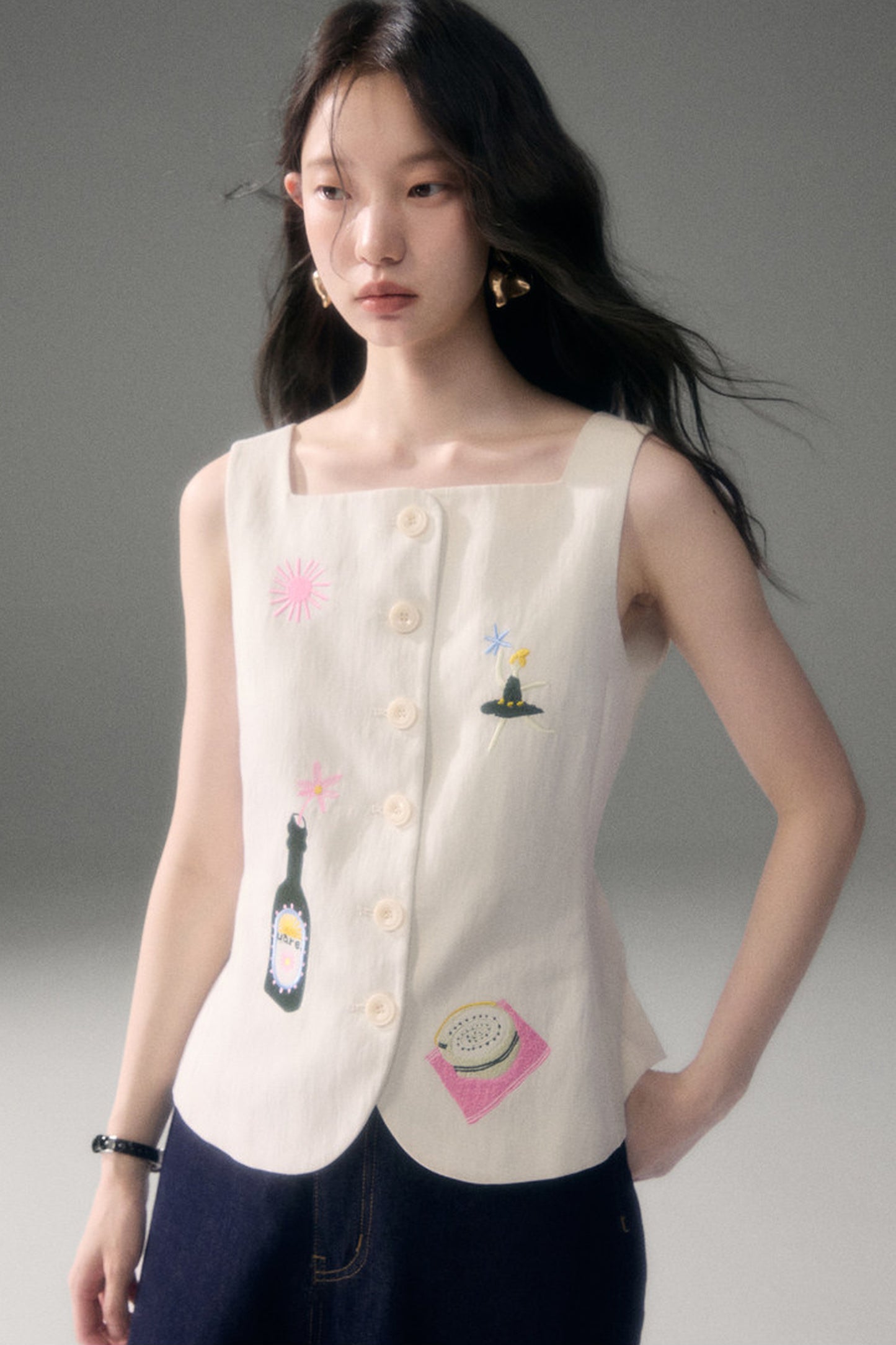 Ear Detail Tencel Cotton Embroidered Vest and Shorts Set-Up