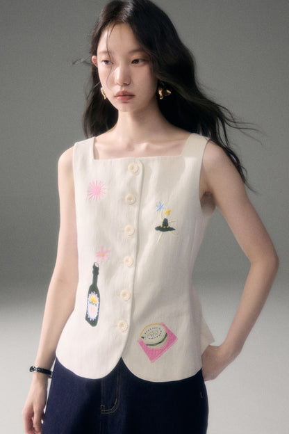 Ear Detail Tencel Cotton Embroidered Vest and Shorts Set-Up