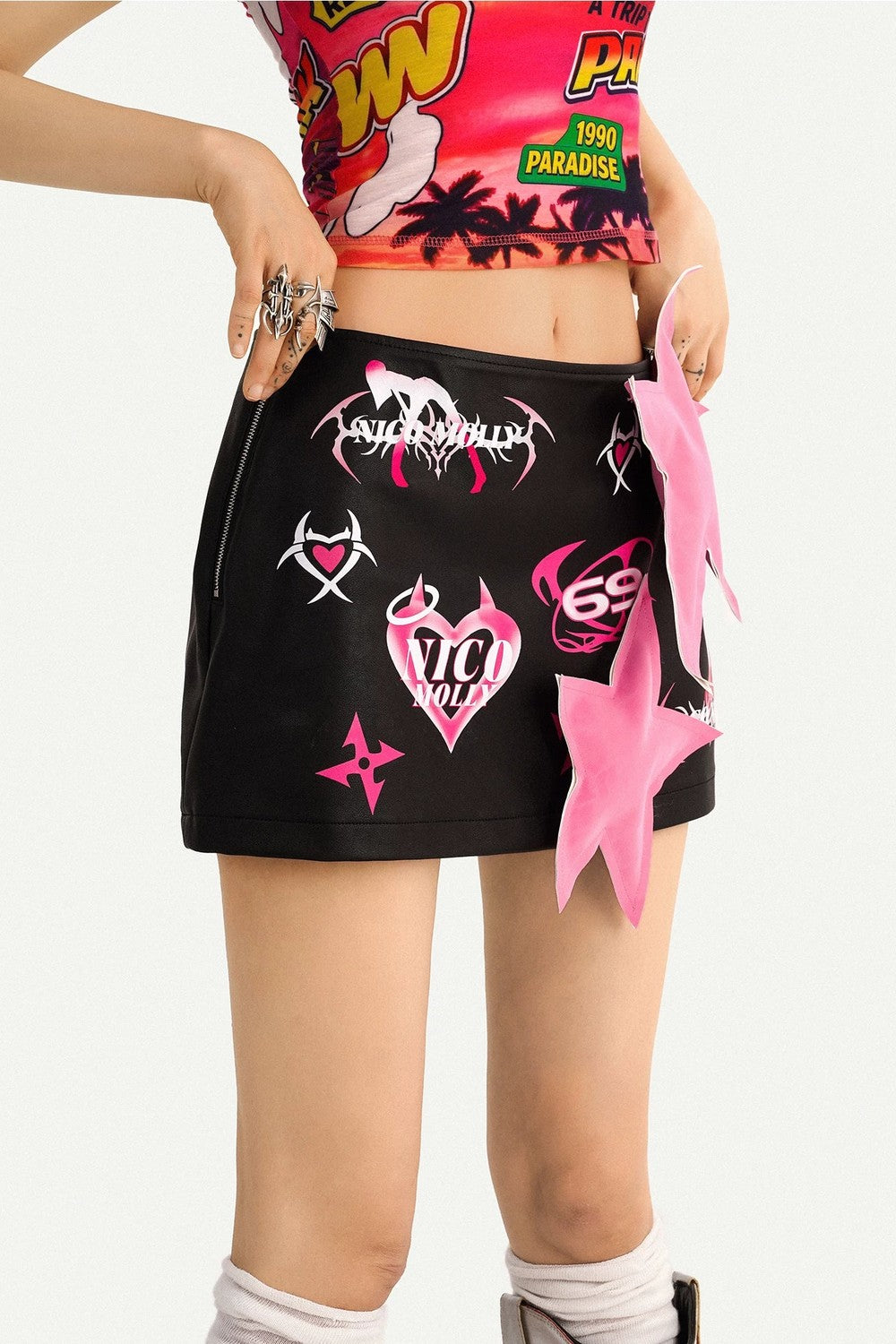 Cartoon Print Leather Skirt