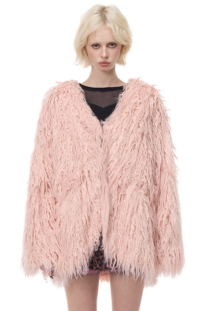 V-Neck Shaggy Contour Fur Jacket