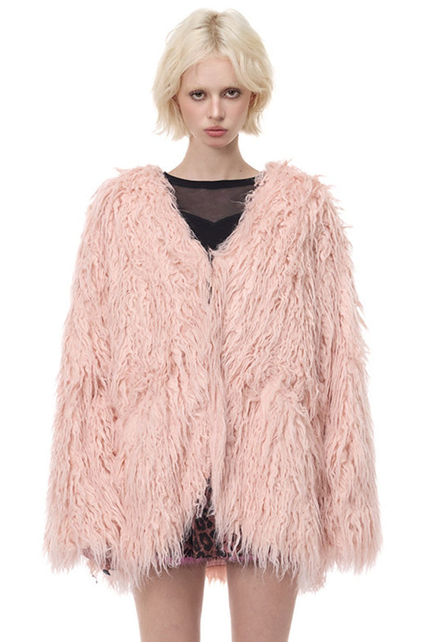 V-Neck Shaggy Contour Fur Jacket