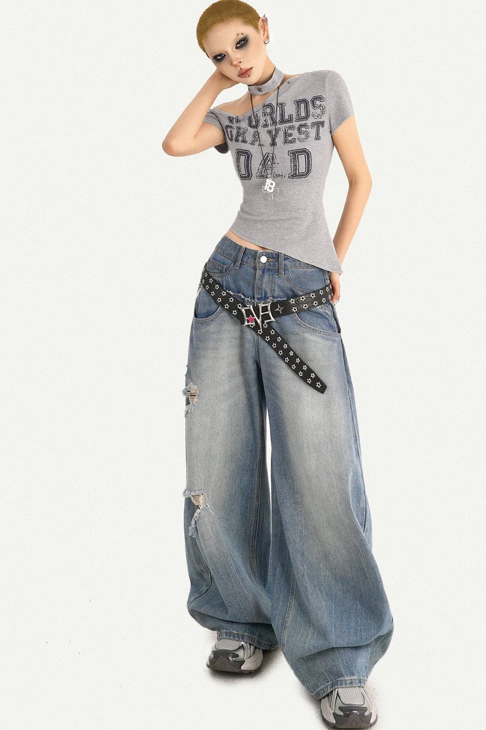 Gray Off-Shoulder Letter Top