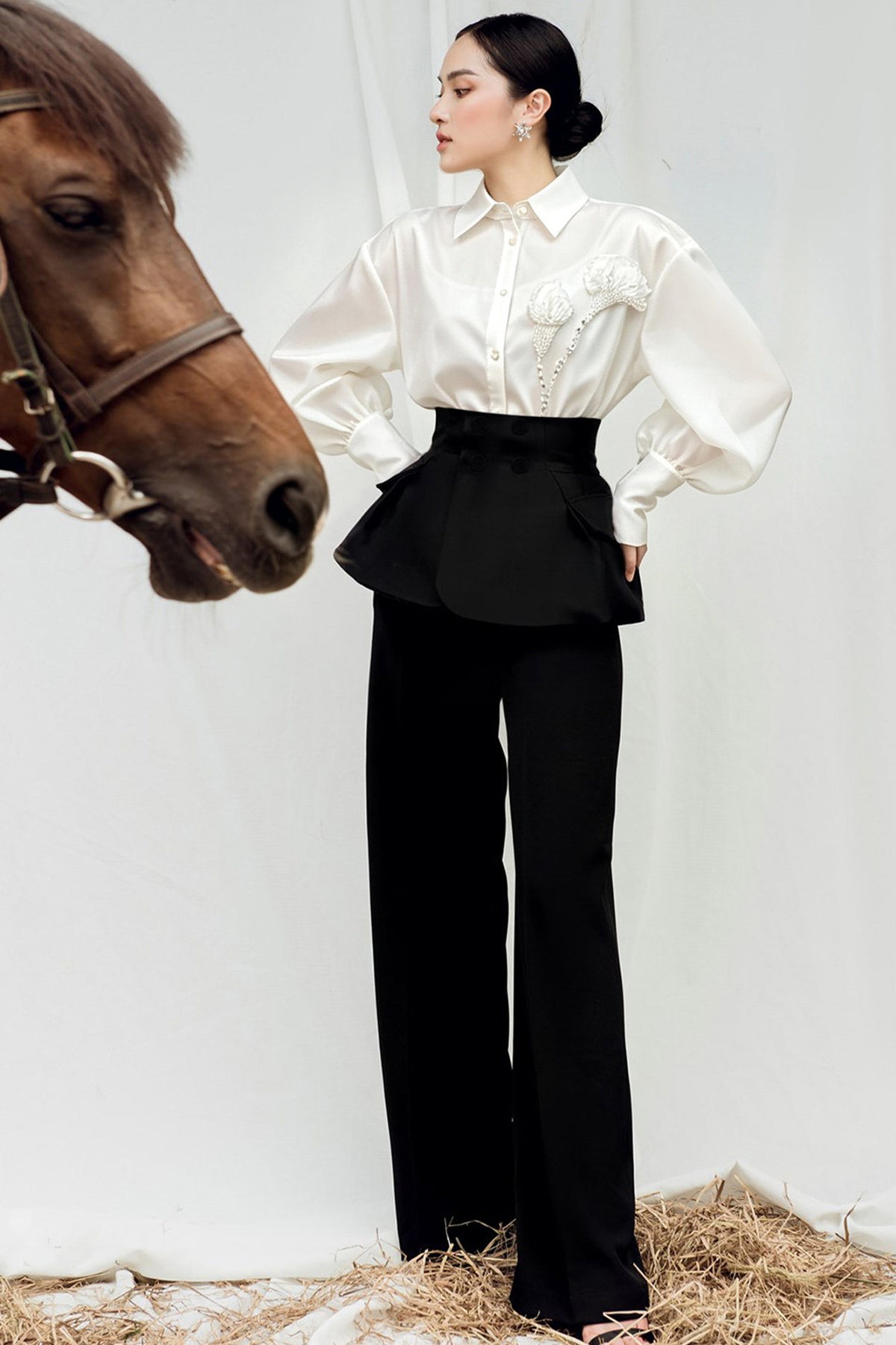 Satin Puff Sleeve Ruffle Blouse