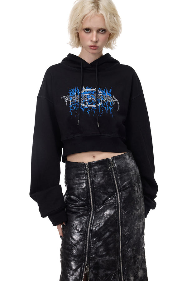 Thorn Print Open Back Cropped Hoodie