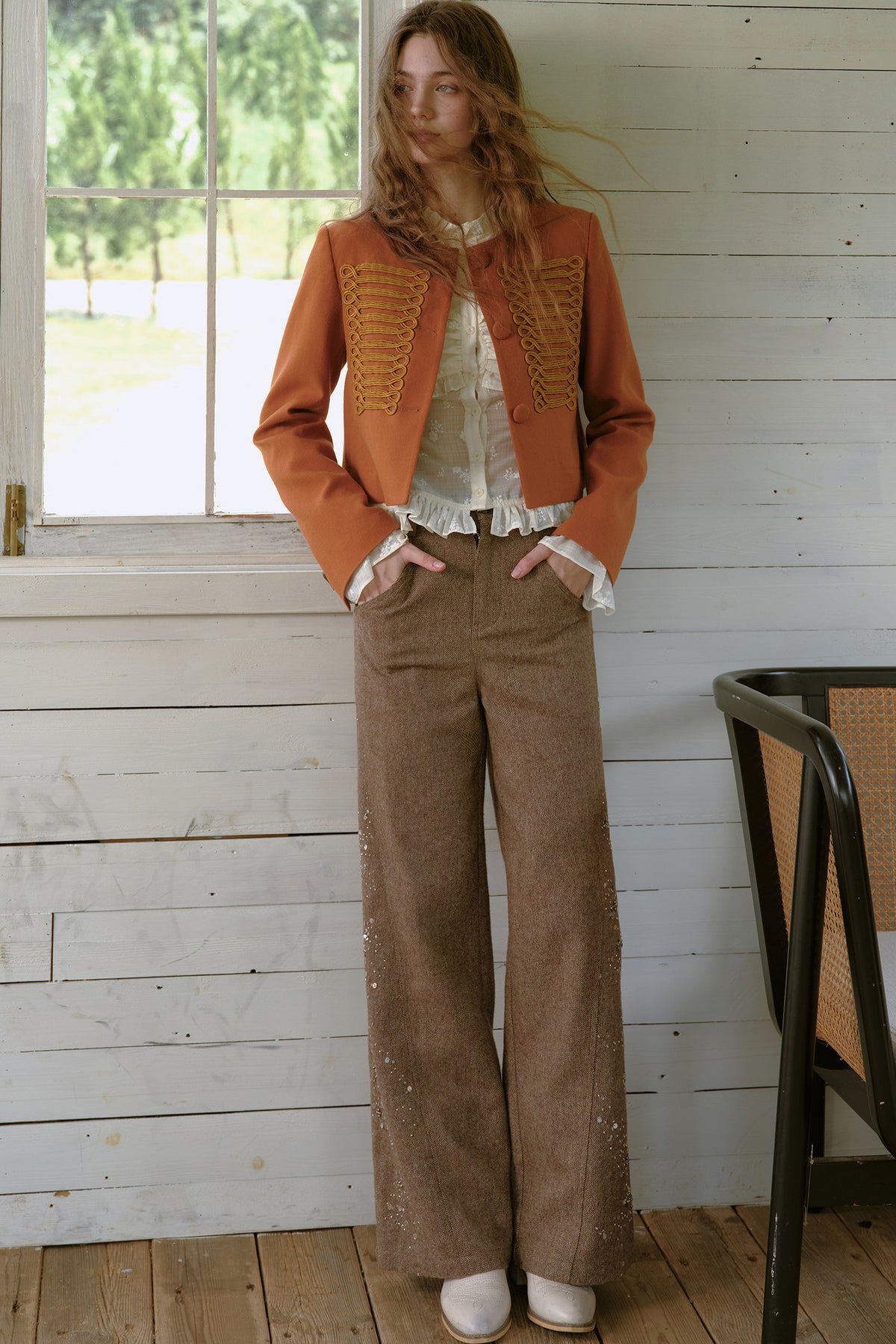 High-Waisted Loose Beaded Patchwork Wool Tweed Pants