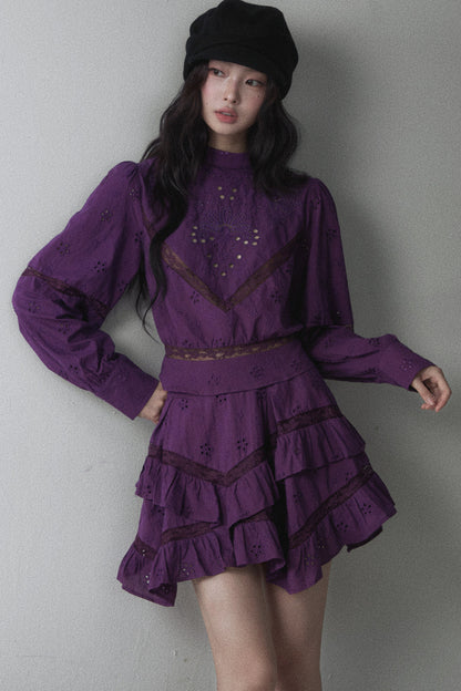 Pure Cotton Cut Out Shirt and Multi-Layered Asymmetrical Ruffle Skirt