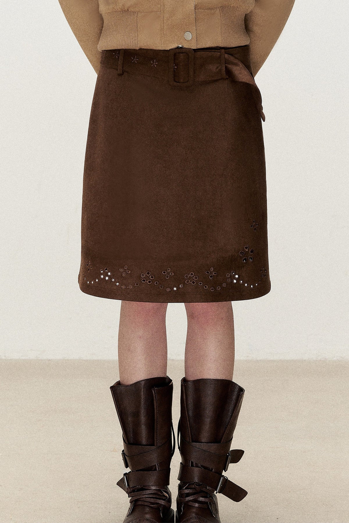 Retro Suede Embroidered Floral Midi Skirt