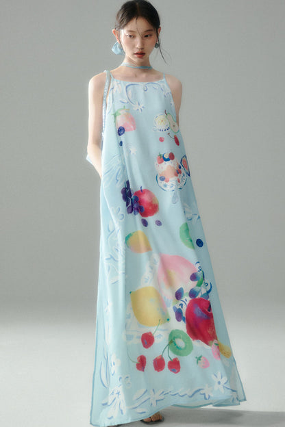 Hand-Painted Fruit Print Slip Dress