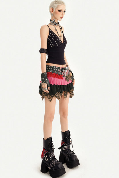 Y2K Leopard Patchwork Ruffle Skirt