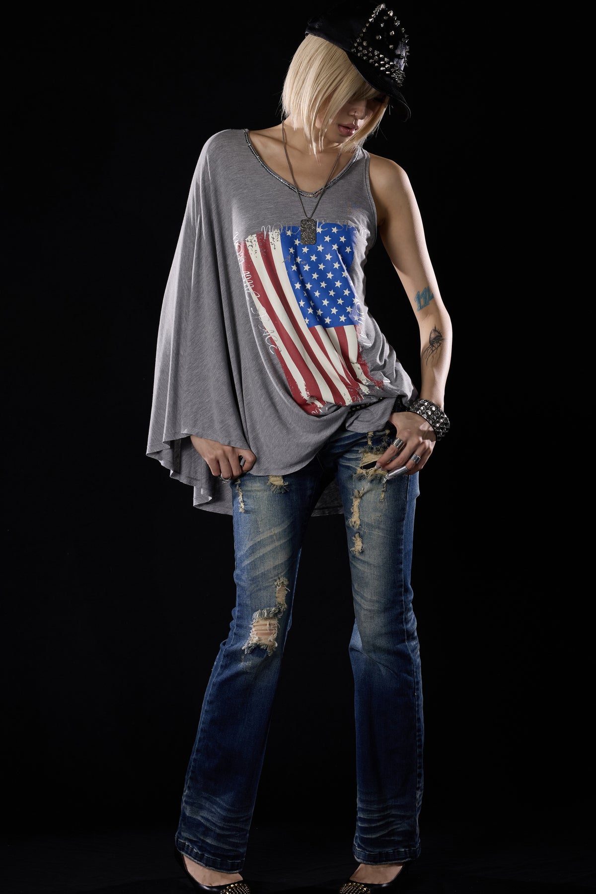 Distressed Cross-Studded Flared Jeans