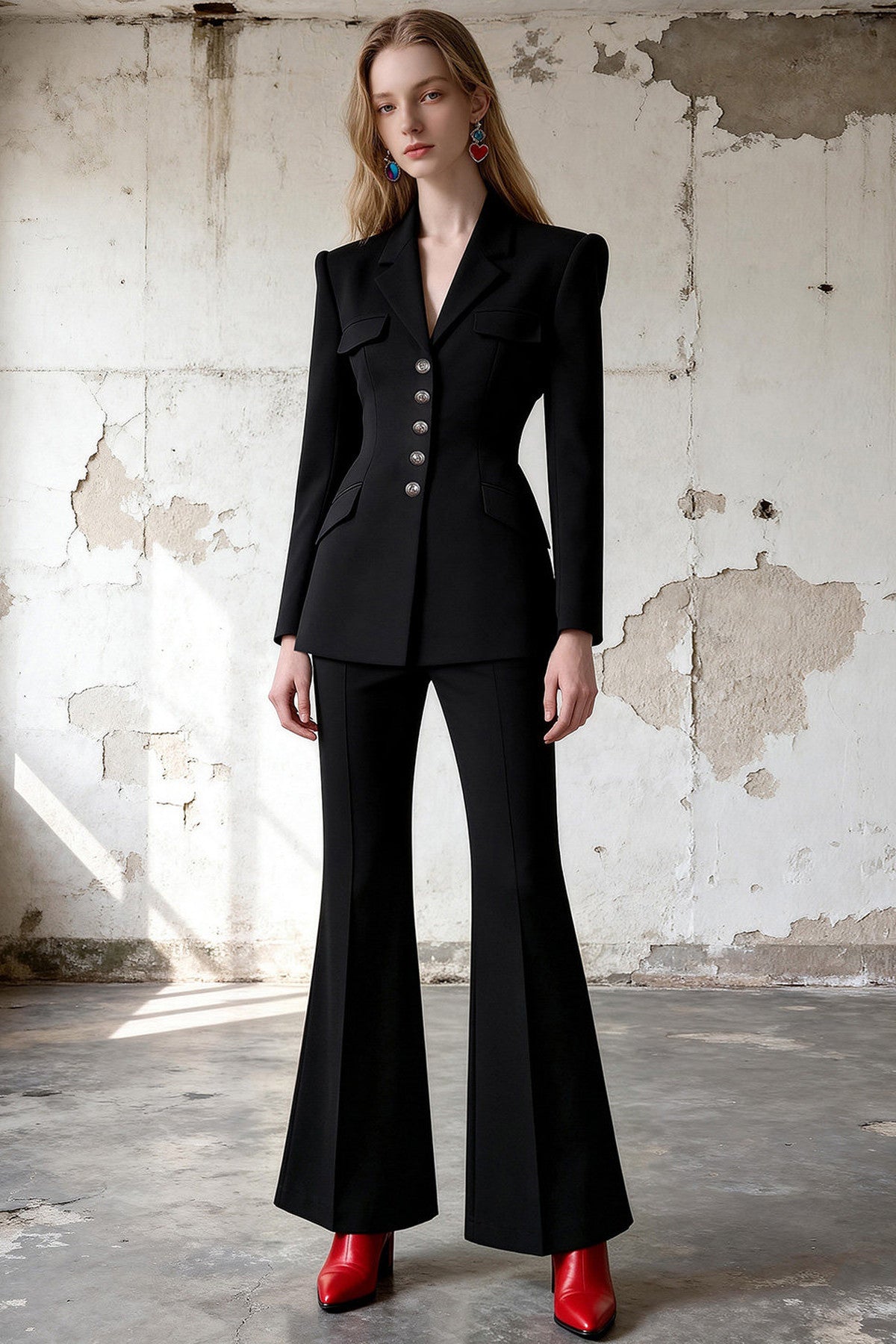 Diamond Button Blazer Flared Pants Set