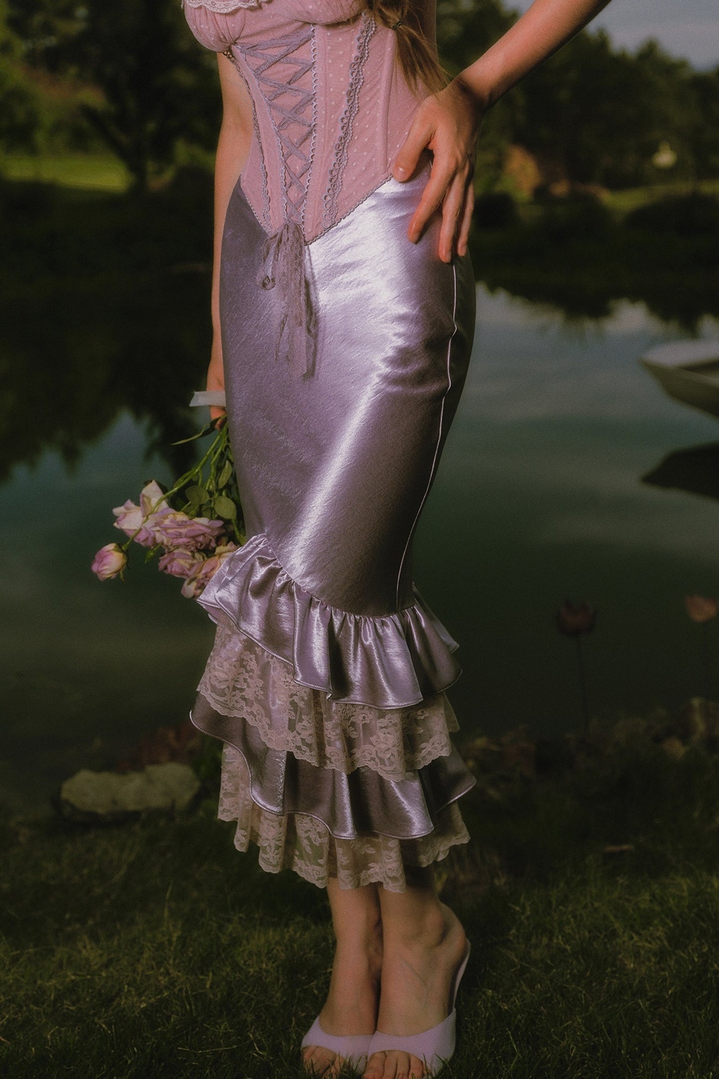 Purple Floral Fishbone Corset Camisole and Satin Skirt Set-Up
