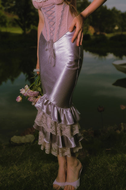 Purple Floral Fishbone Corset Camisole and Satin Skirt Set-Up