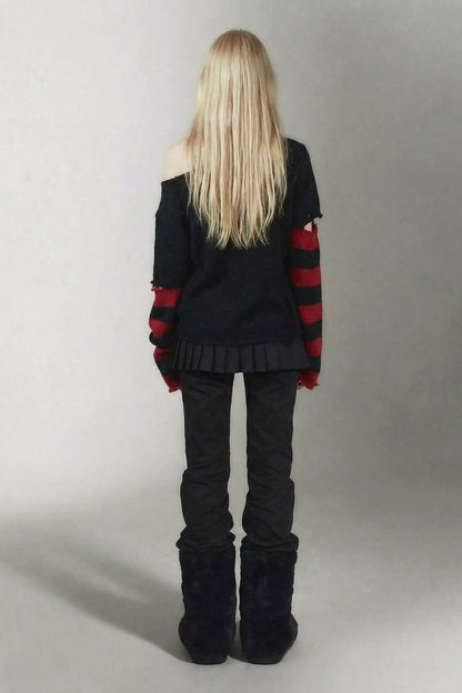 Red Black Batwing Detachable Sleeve Sweater