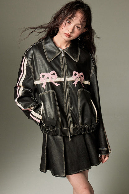 Distressed Bow Leather Jacket