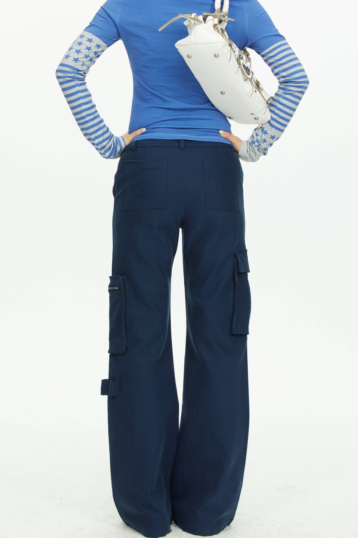 Navy Blue Multi-Pocket Wide-Leg Pants