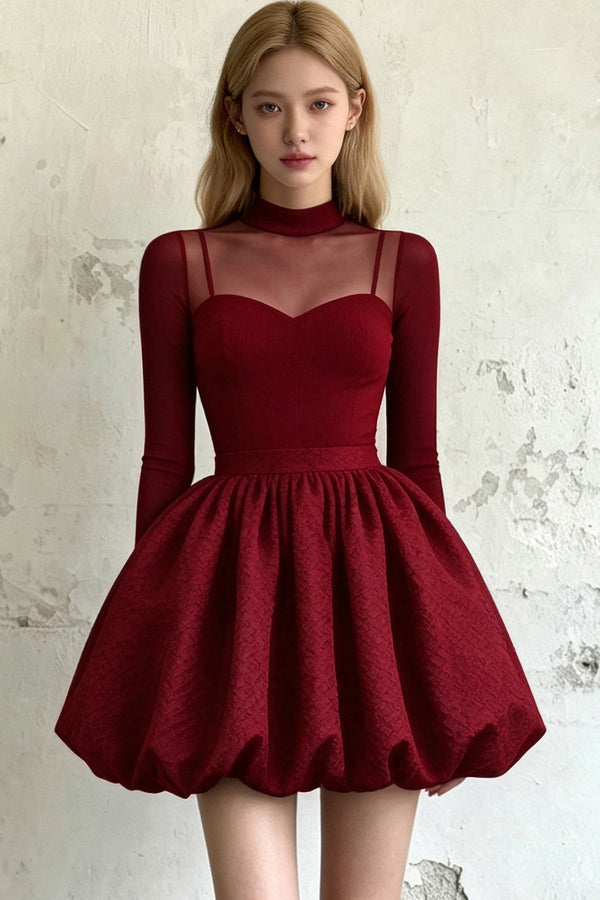 Straight Velvet High Neck Puff Dress